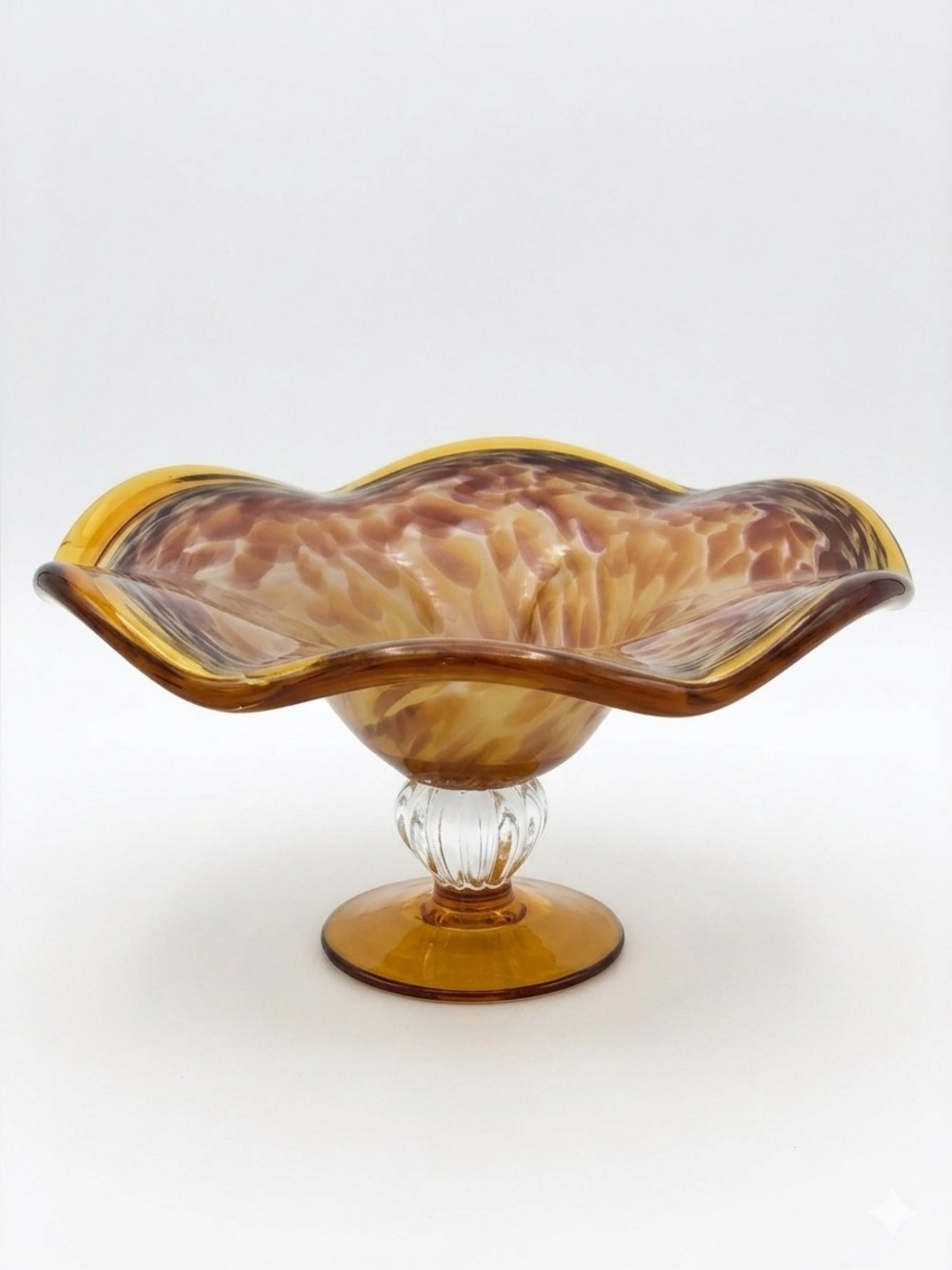 Vintage Amber Tortoise Art Glass Pedestal Ruffle Compote Bowl Mid Century Decor